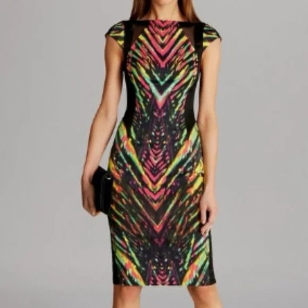 Karen Millen Multicolor Striped Neon Mesh Detail Cocktail Pencil Sheath Dress 2